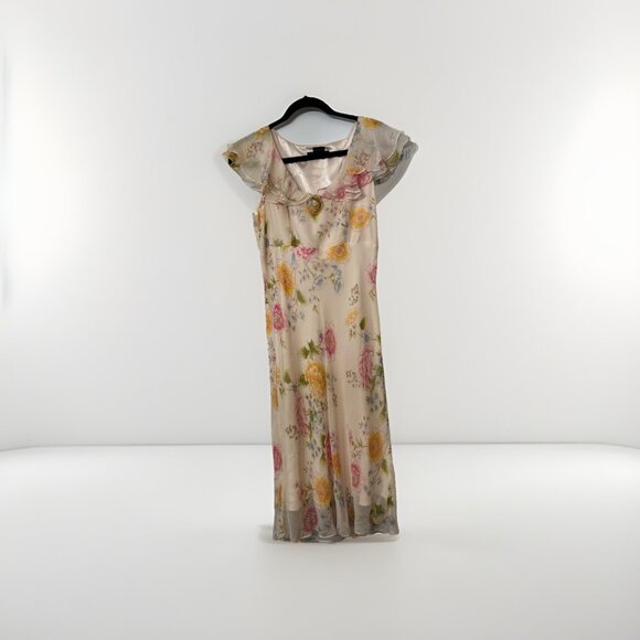 I.C.E Y2K 90s Silk Midi Dress Sz 4 Multicolor Floral Bow Sleeveless VTG - Picture 1 of 8